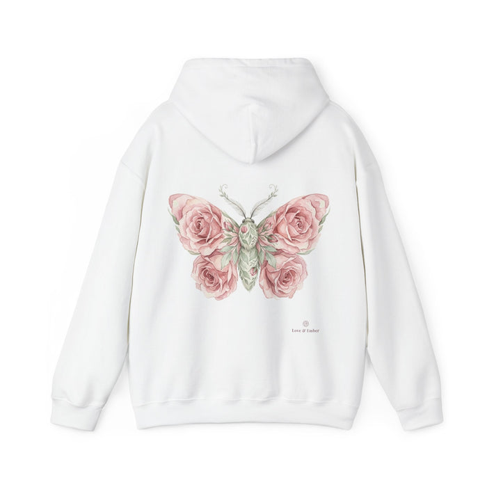 Rose Moth Hoodie — rose print across the back