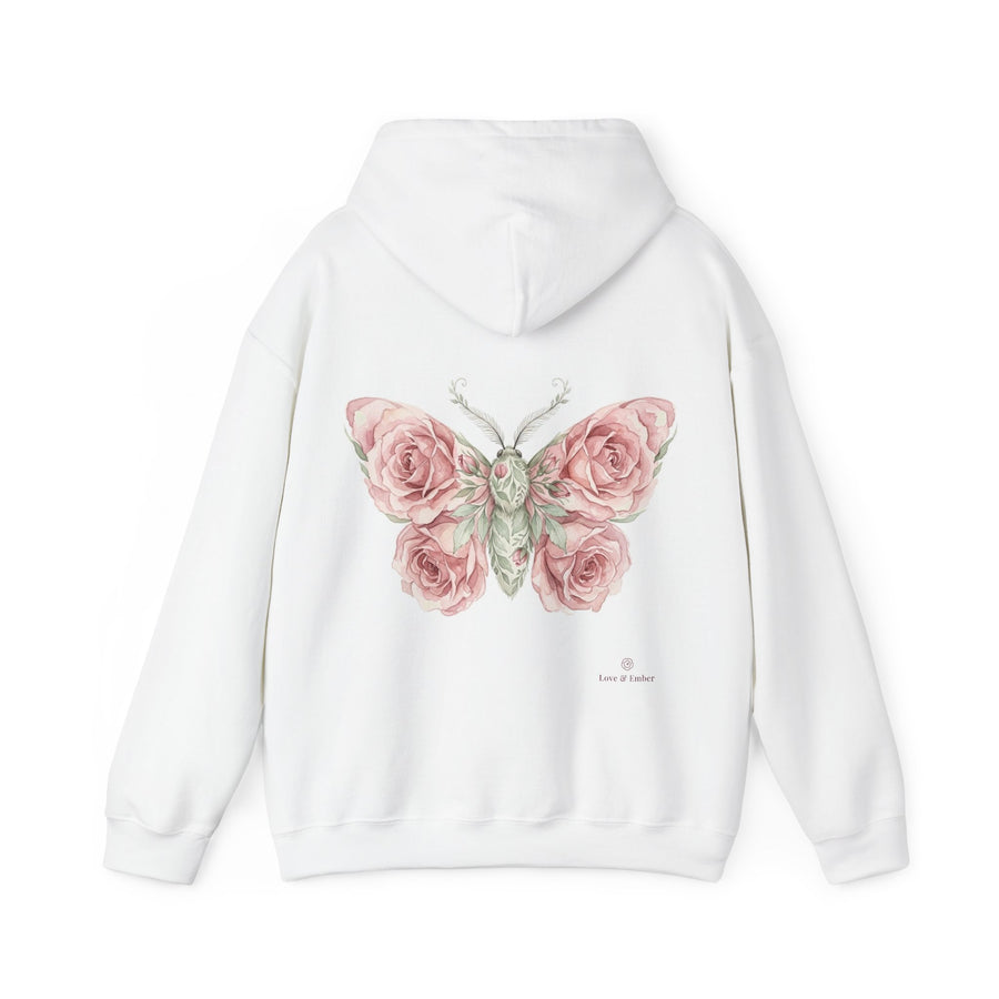 Rose Moth Hoodie — watercolour rose print across the back