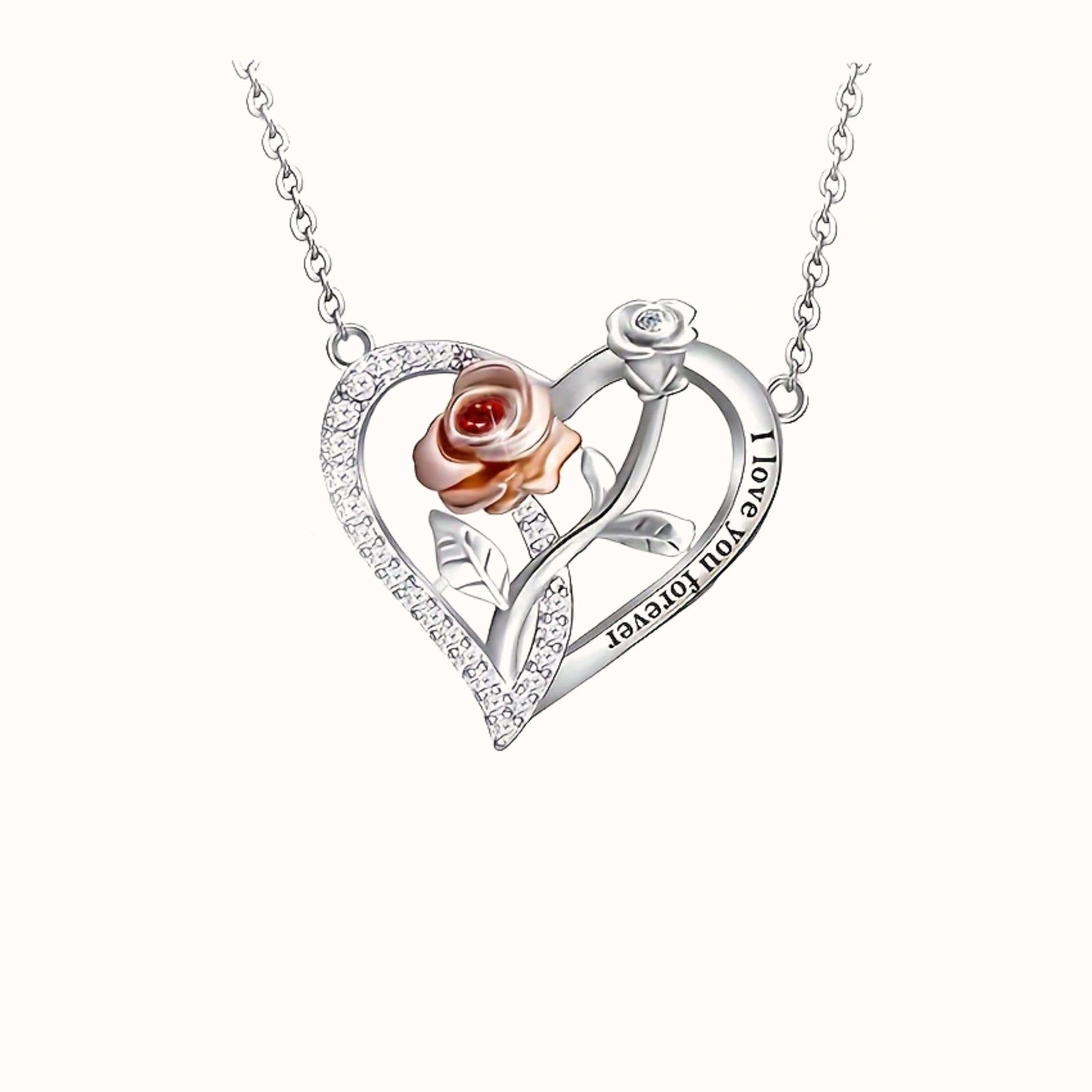 Close-up of the silver heart pendant with a rose-gold rose detail